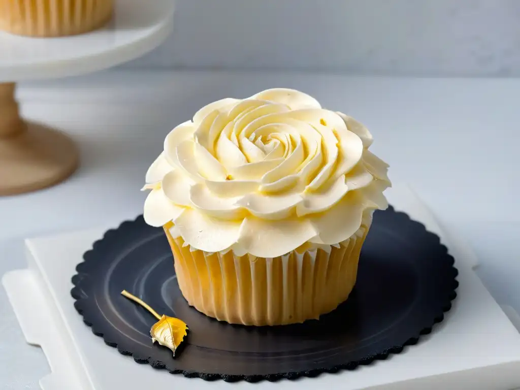 Un exquisito cupcake blanco decorado con crema pastel, oro comestible y rosa azucarada, en una cocina elegante y luminosa