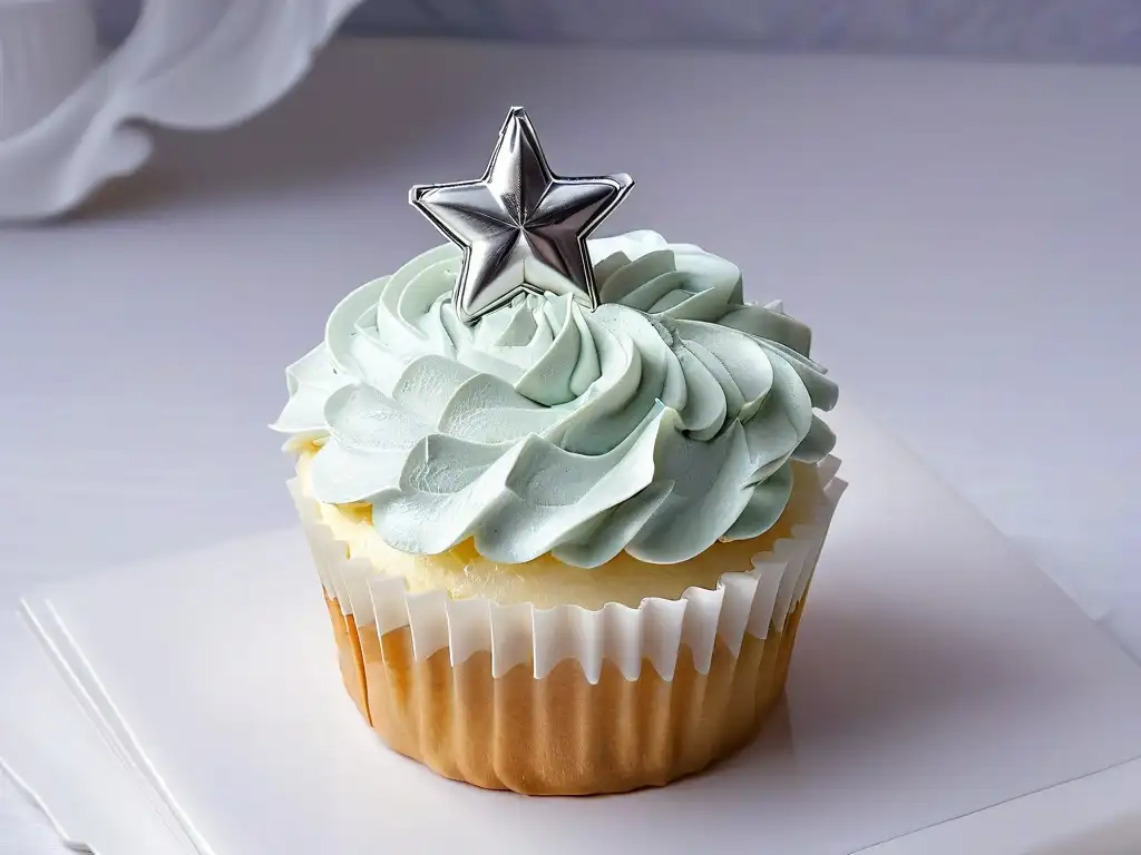 Exquisito cupcake blanco con decoración profesional de colores pastel y una estrella plateada, resaltando su arte