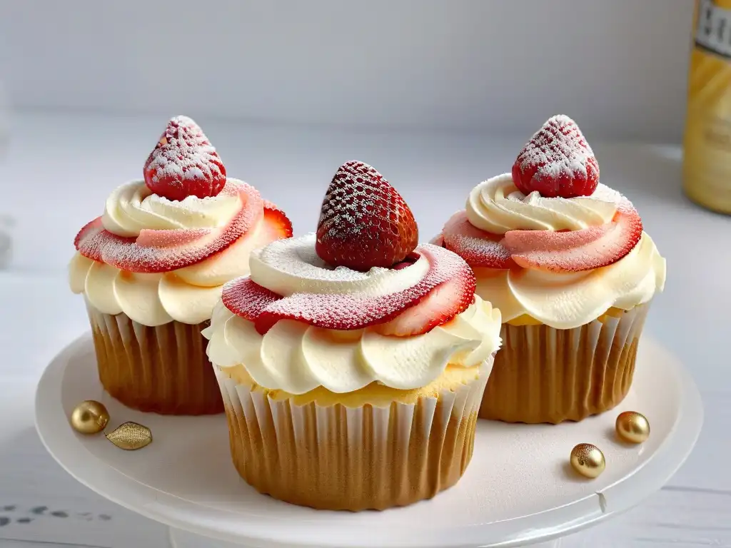 Un exquisito cupcake de Champagne y fresas, con detalles sutiles y lujosos