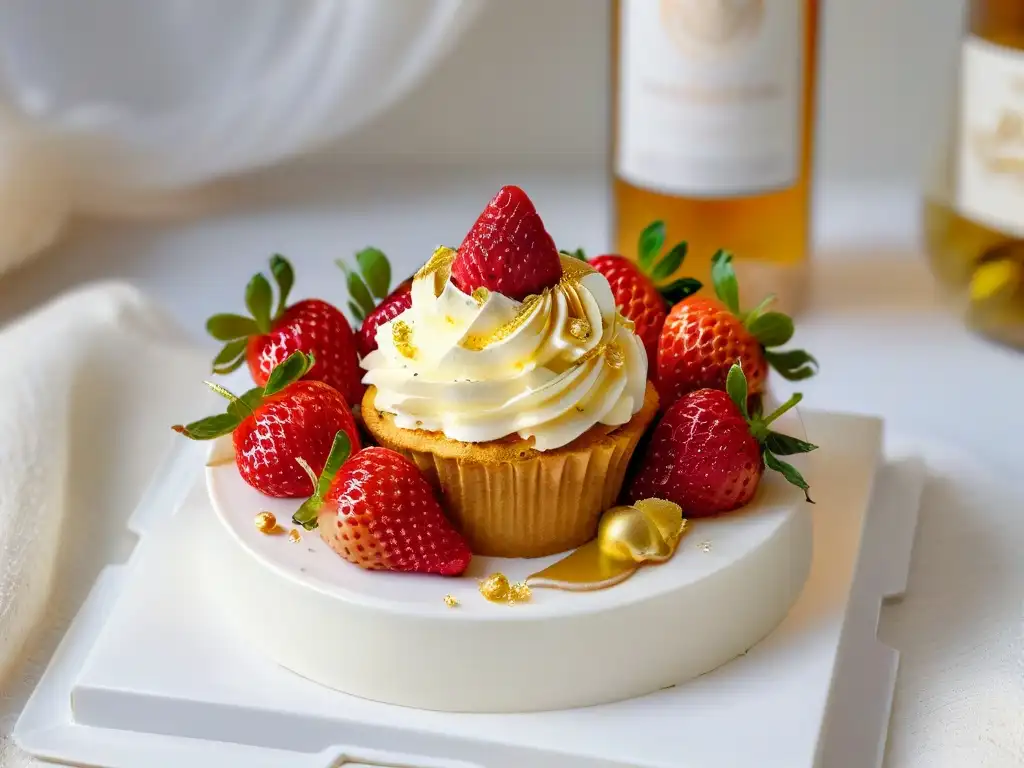 Exquisito cupcake de Champagne y fresas con decoración lujosa y elegante en mármol y blanco