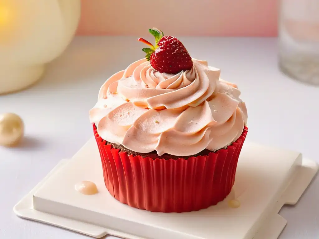 Un exquisito cupcake de Champagne y fresas sobre un elegante plato blanco en un fondo pastel