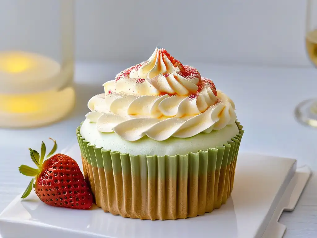 Un exquisito cupcake de Champagne y fresas, detallado y elegante, listo para deleitar los sentidos