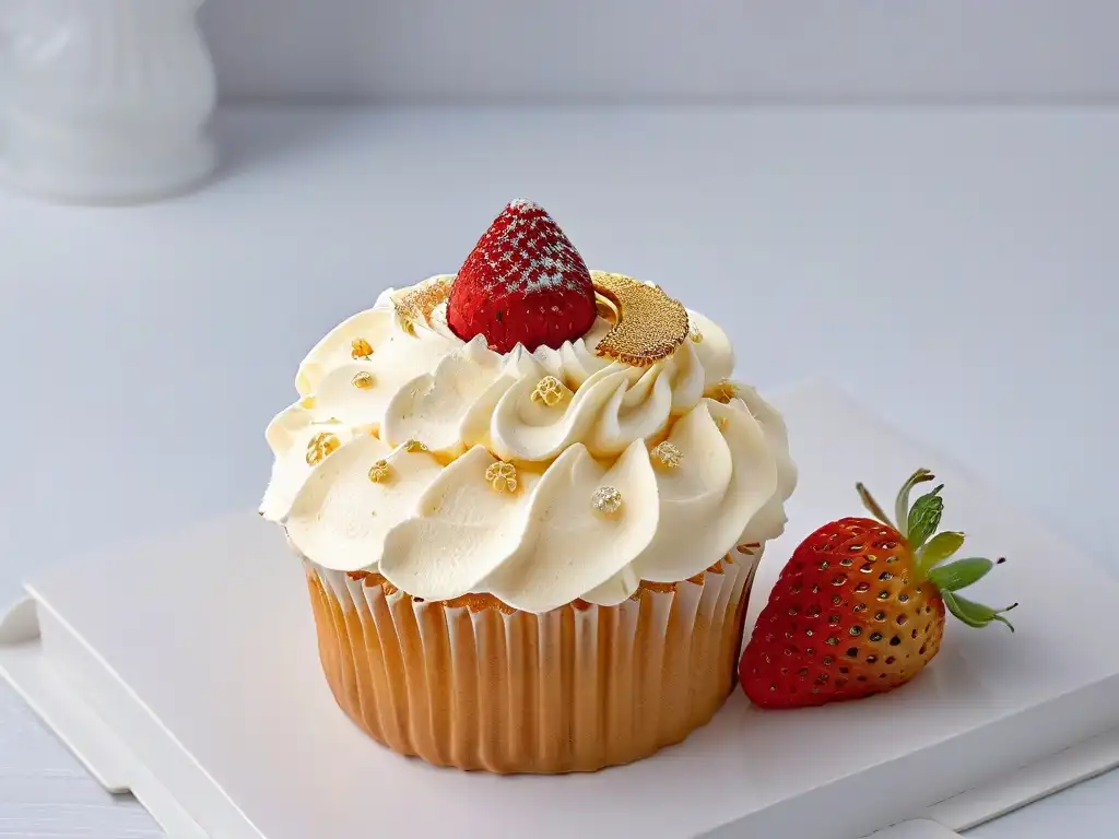 Exquisito cupcake de Champagne y fresas, elegante y sofisticado en un fondo blanco