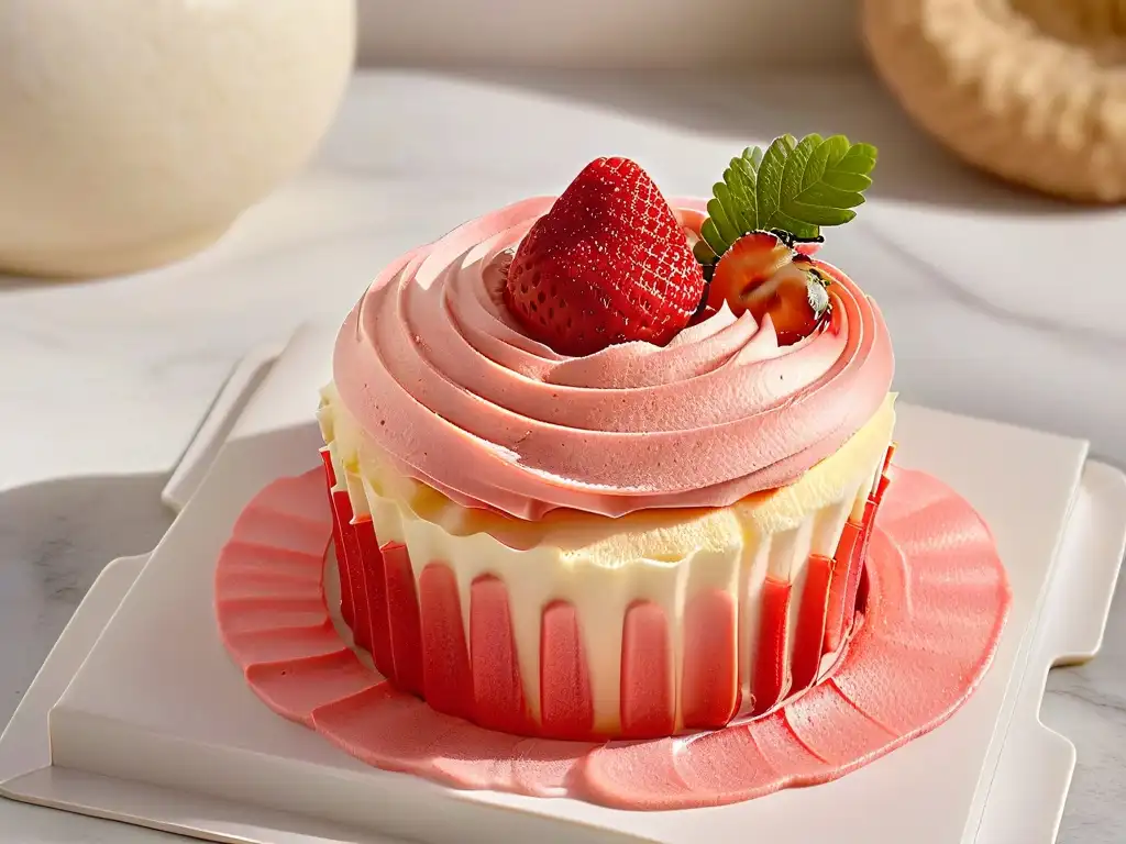 Un exquisito cupcake de Champagne y fresas, con frosting rosado y una fresca fresa sobre mármol luminoso