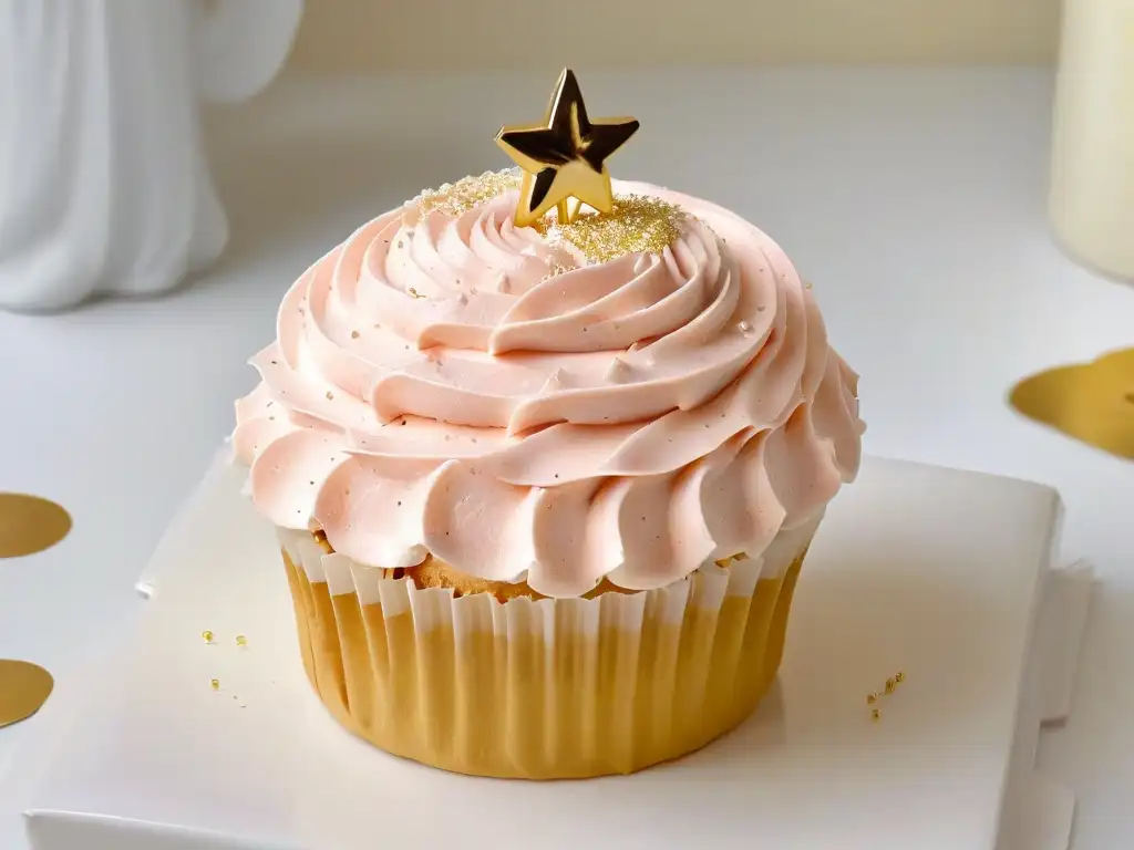 Un exquisito cupcake con crema rosa y detalles dorados, certificaciones online repostería calidad reconocimiento