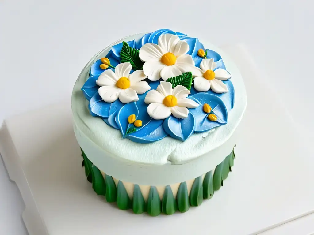 Exquisito cupcake con decoraciones florales detalladas sobre fondo blanco, reflejando la influencia global en repostería para revistas digitales