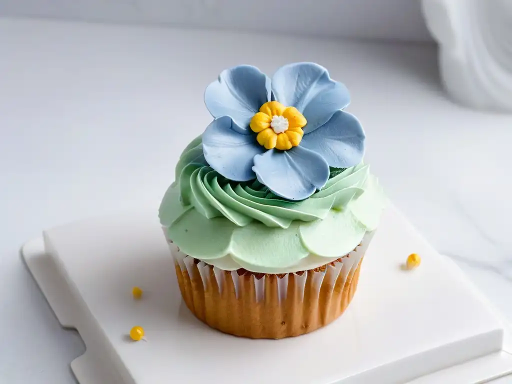 Dulce elegancia: Cupcake con flor de azúcar en mármol blanco Un exquisito cupcake con decoraciones minimalistas en mármol blanco