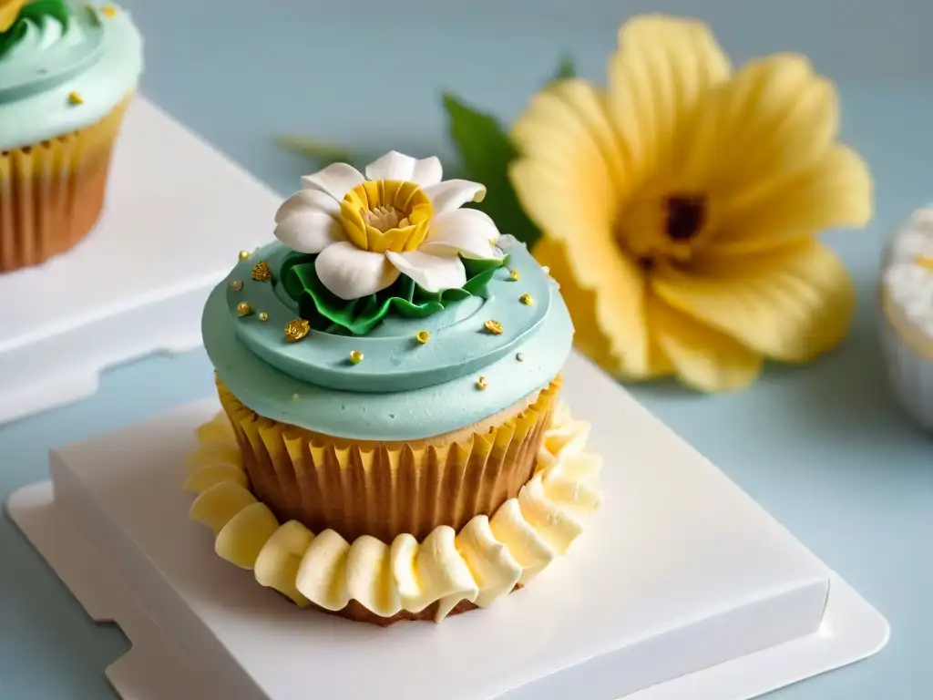 Un exquisito cupcake decorado con precisión y arte en tonos pastel, ideal para decoración cupcakes cumpleaños profesional