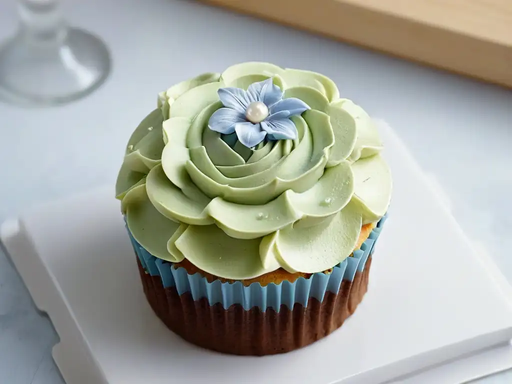 Exquisito cupcake decorado con detalle y una flor comestible, ideal para los mejores aplicaciones repostería novatos