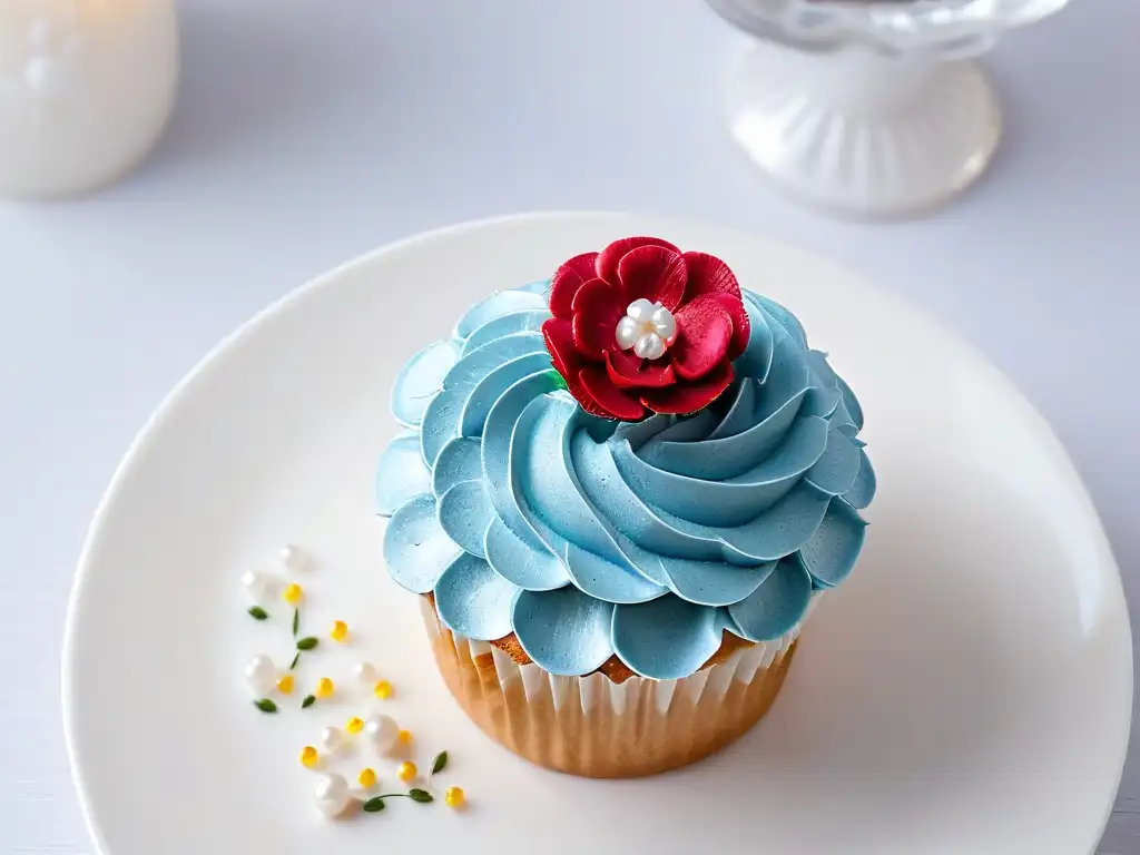 Un exquisito cupcake decorado con detalle en un elegante plato blanco