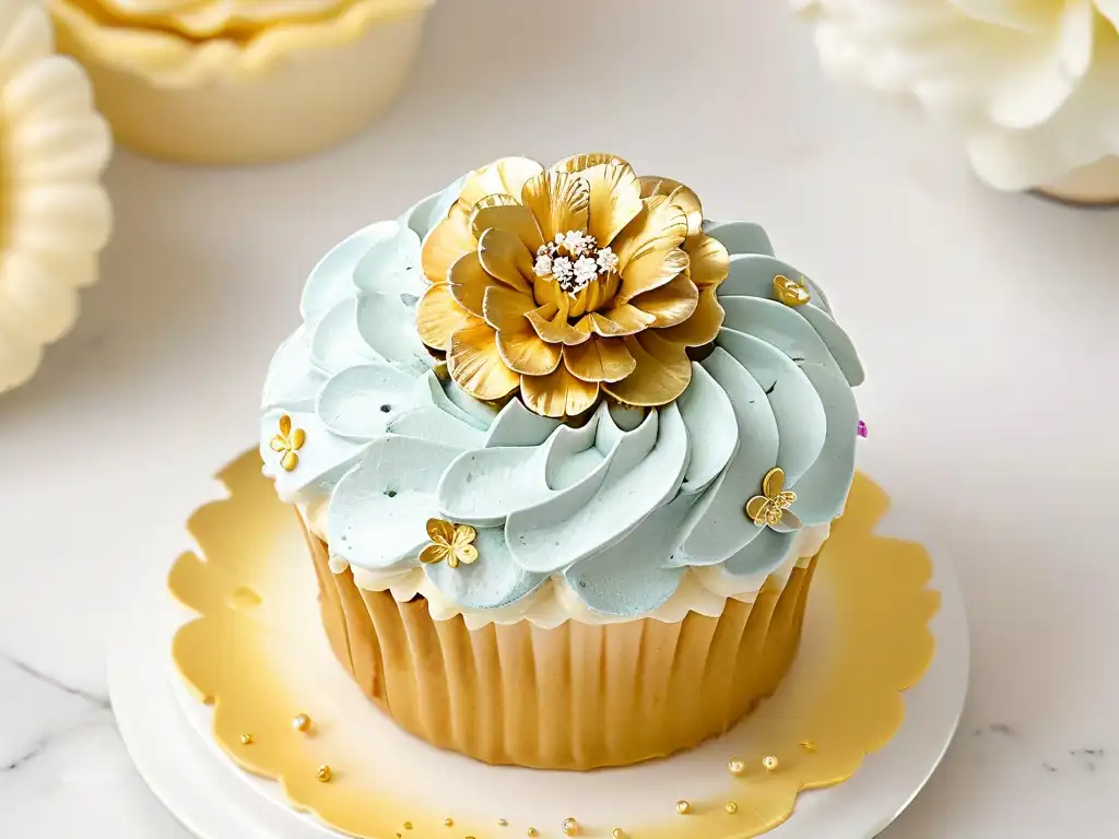 Exquisito cupcake decorado con detalle en tonos pastel y detalles de oro, sobre mármol blanco