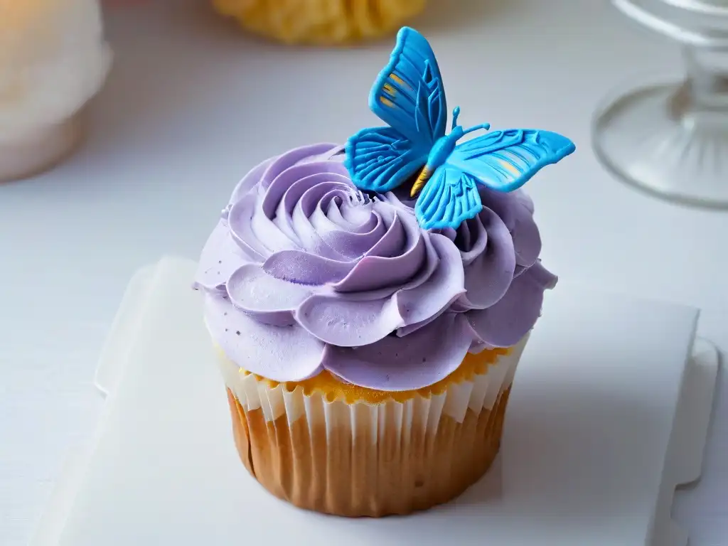 Un exquisito cupcake decorado con detalle y color, destacando la creatividad en repostería con un delicado mariposa de azúcar