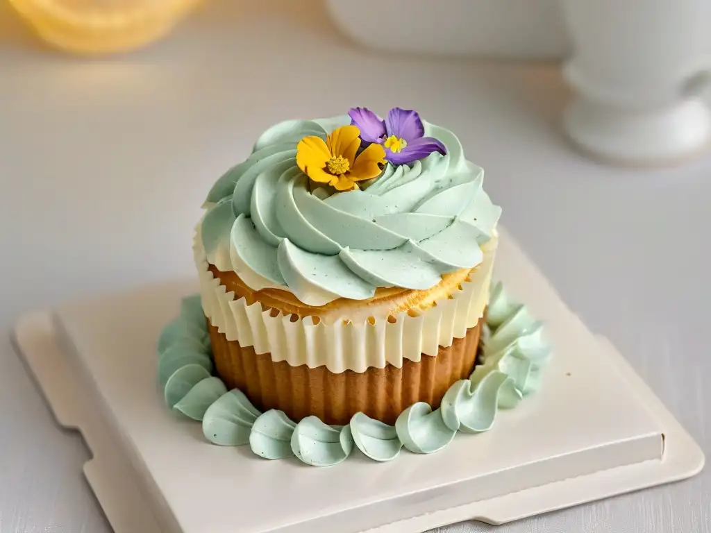 Exquisito cupcake decorado con flores comestibles y detalles en oro sobre plato blanco