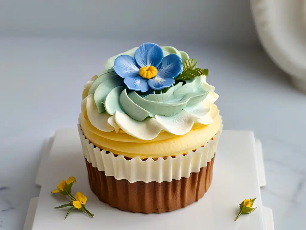 Exquisito cupcake decorado con flores comestibles y hojas doradas en una elegante encimera de mármol blanco