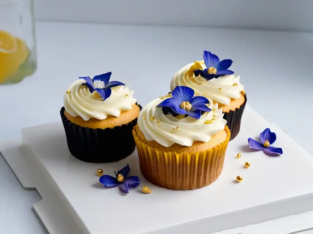 Exquisito cupcake keto decorado con flores comestibles y láminas de oro, siguiendo tendencias repostería keto globales