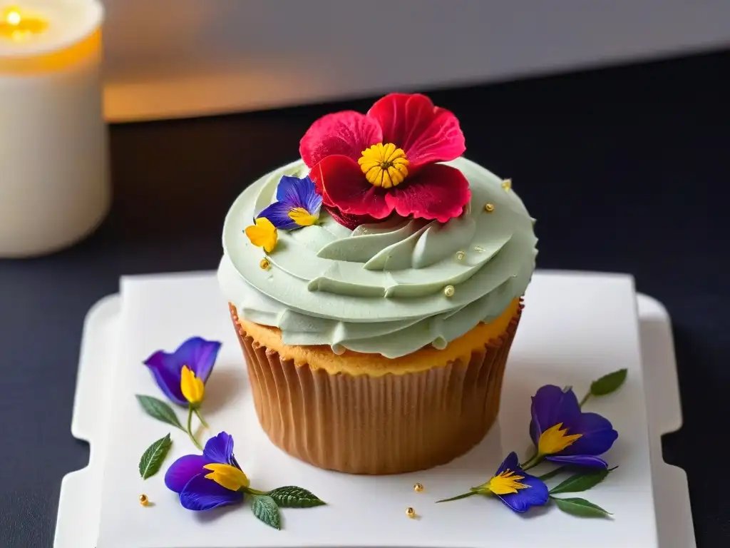 Exquisito cupcake decorado con flores comestibles y lámina dorada, en un plato blanco moderno sobre fondo negro