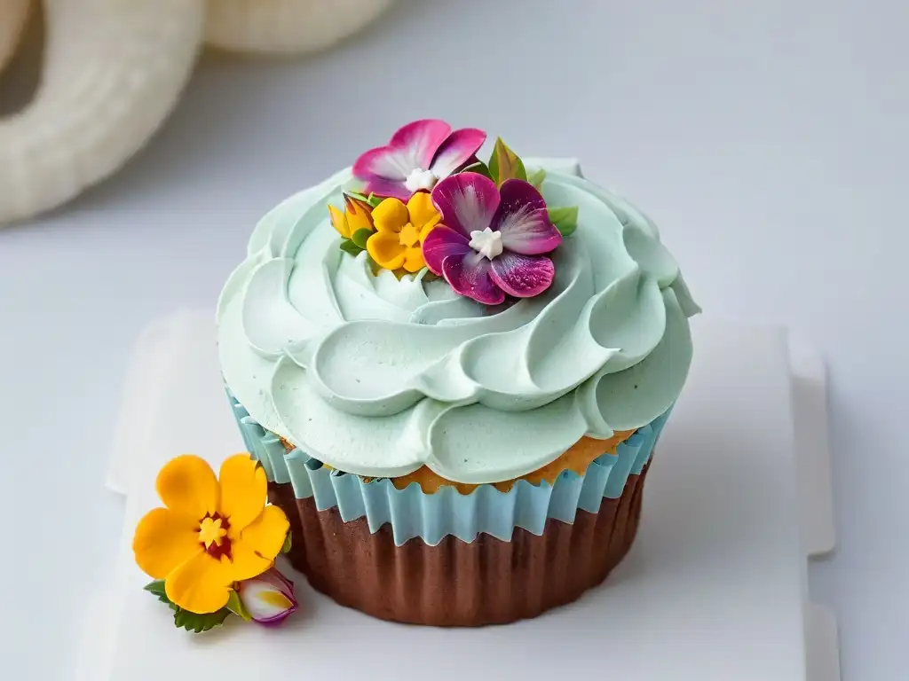 Un exquisito cupcake decorado con flores comestibles y brillantes sprinkles en un fondo blanco