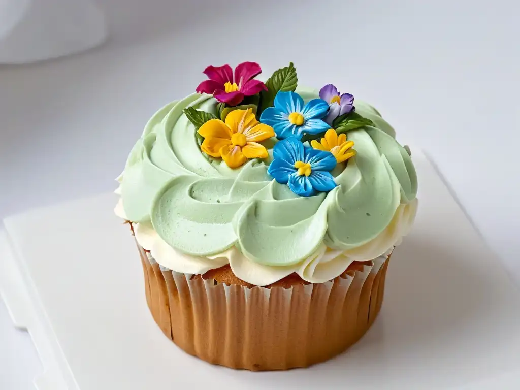 Exquisito cupcake decorado con flores comestibles y frosting detallado, ideal para publicidad pagada redes sociales pastelerías