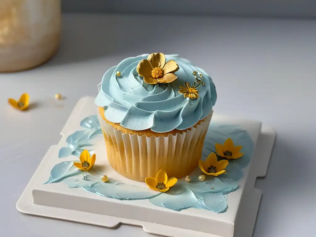 Un exquisito cupcake decorado con flores comestibles y pan de oro, perfecto para cumpleaños y eventos especiales