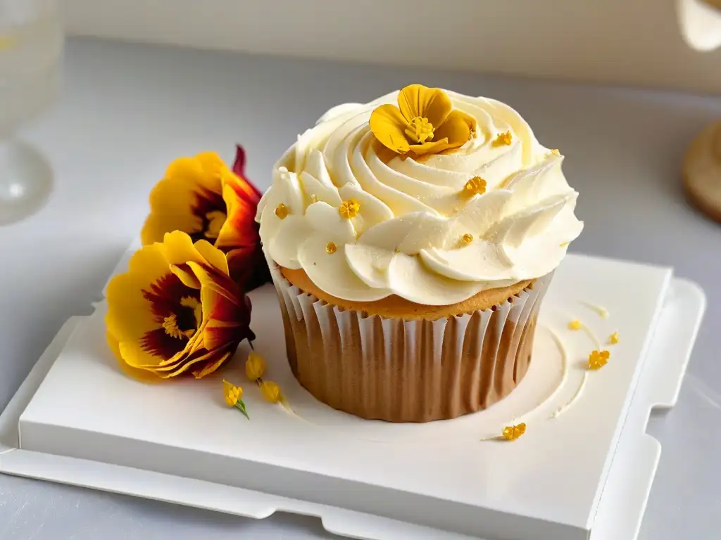 Un exquisito cupcake decorado con flores comestibles y detalles en oro, en un entorno acogedor