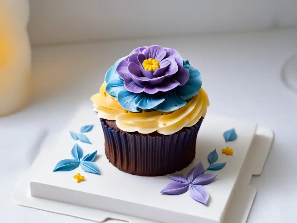 Un exquisito cupcake decorado con flores comestibles, ideal para alergias alimenticias