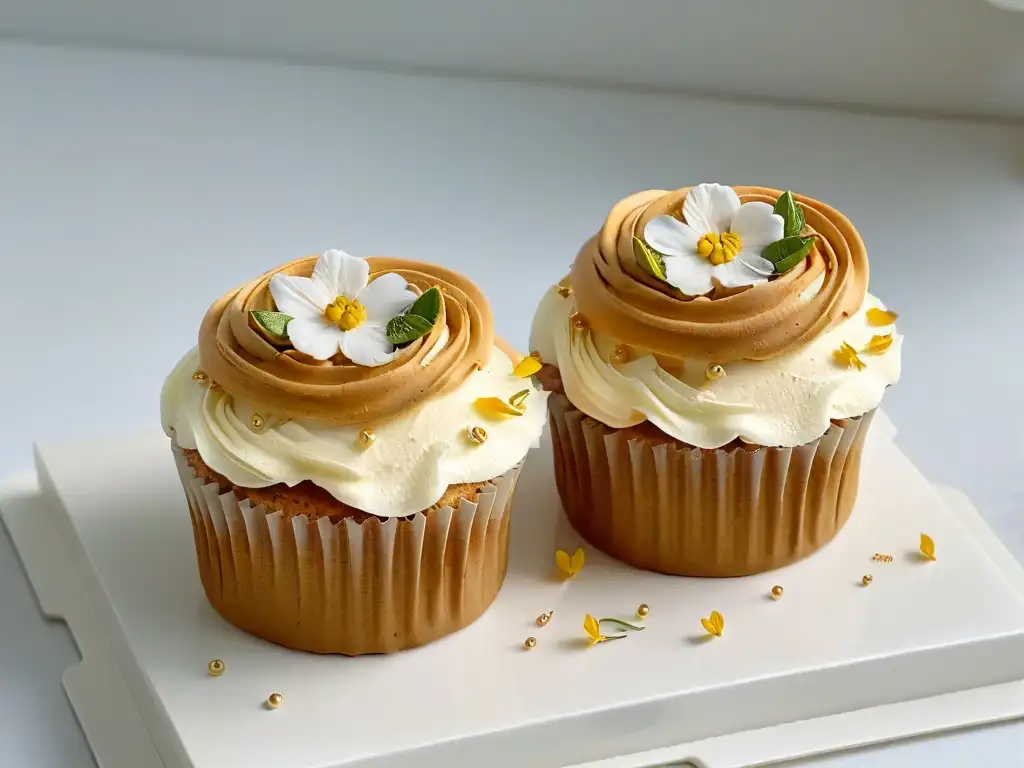 Un exquisito cupcake decorado con flores y pan de oro sobre fondo blanco