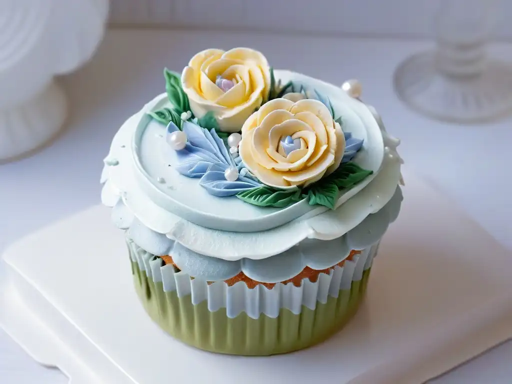 Un exquisito cupcake perfectamente decorado con fondant en tonos pastel y perlitas, ideal para libros de repostería cupcakes especializados