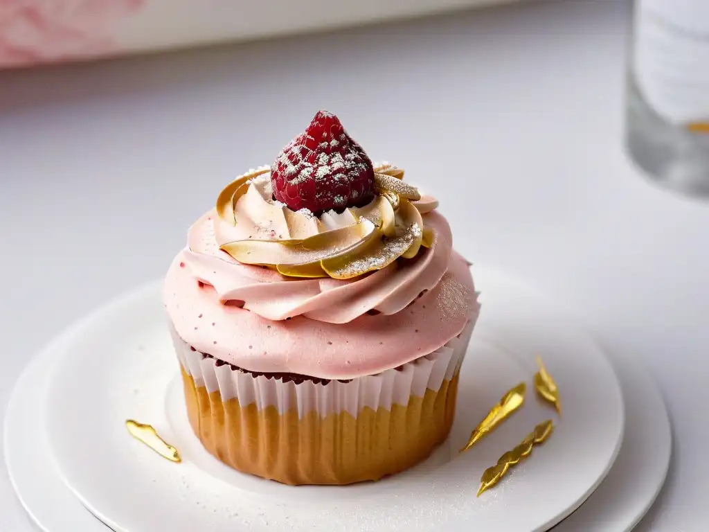 Un exquisito cupcake decorado con frosting rosado vibrante, láminas doradas y una frambuesa fresca, en una cocina de panadería