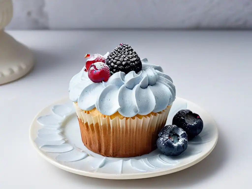 Un exquisito cupcake decorado con frutas y flores comestibles, en una presentación elegante