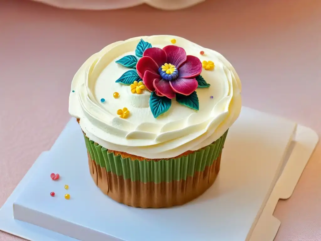 Exquisito cupcake decorado con precisión y adornos brillantes, resaltando la artesanía en repostería con aditivos y detalles florales comestibles