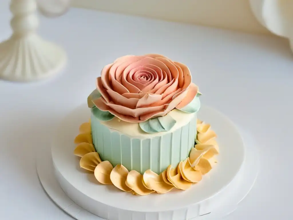 Exquisito cupcake decorado con técnicas de alta costura: crema pastel, oro comestible y pétalo de rosa, sobre plato blanco