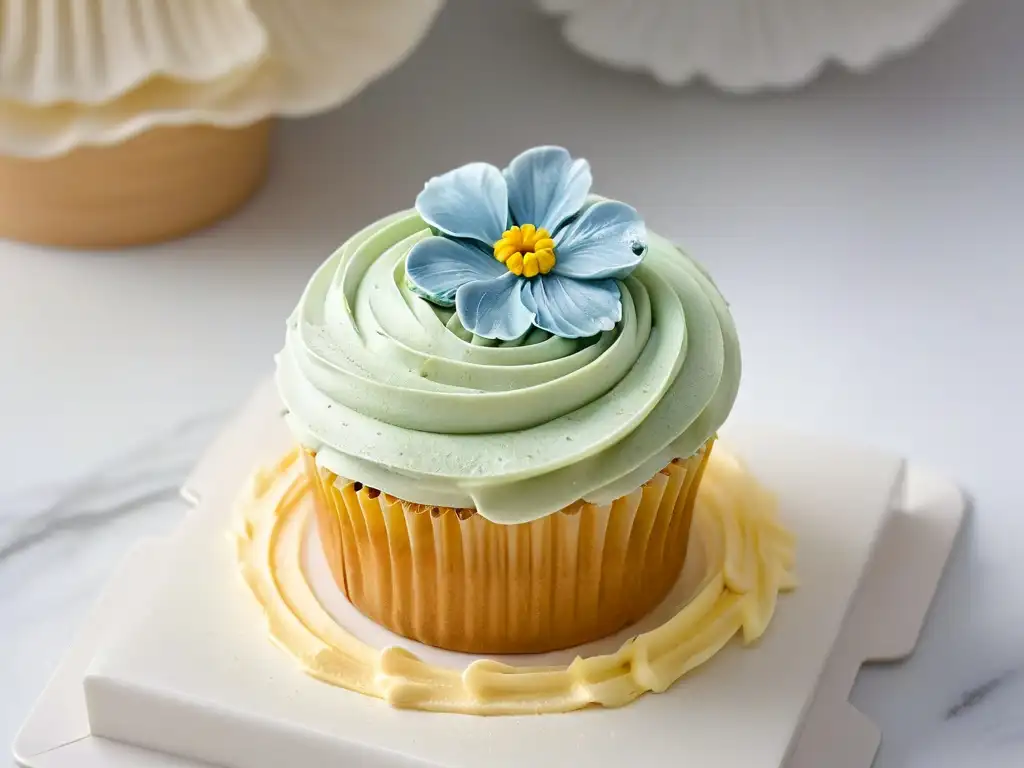 Exquisito cupcake con decoración detallada y flor comestible, sobre mármol blanco