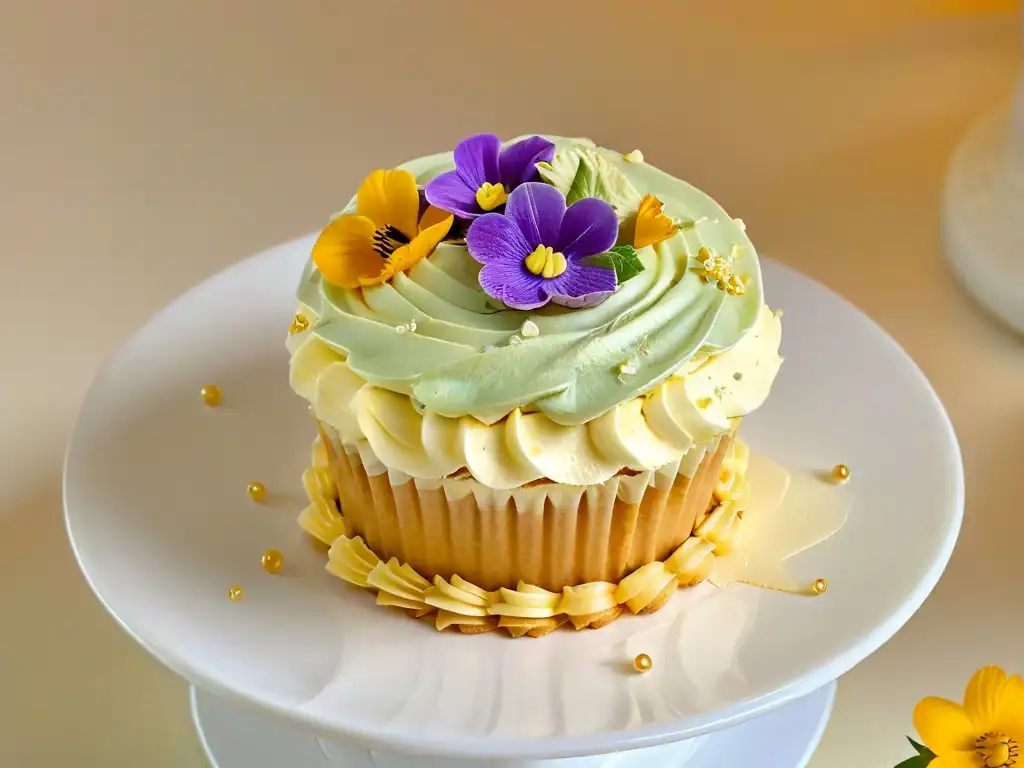 Exquisito cupcake con decoración detallada y flores comestibles, sobre plato blanco moderno