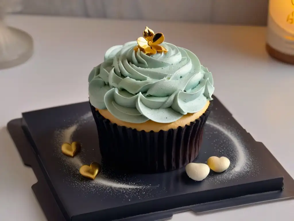 Un exquisito cupcake con decoración detallada en tonos pastel sobre un plato negro, iluminado suavemente