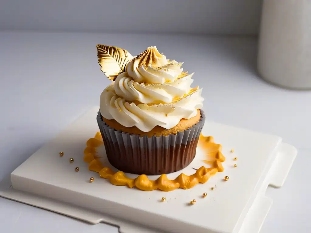 Un exquisito cupcake con detalles dorados, ideal para mejorar habilidades en repostería y estudios científicos