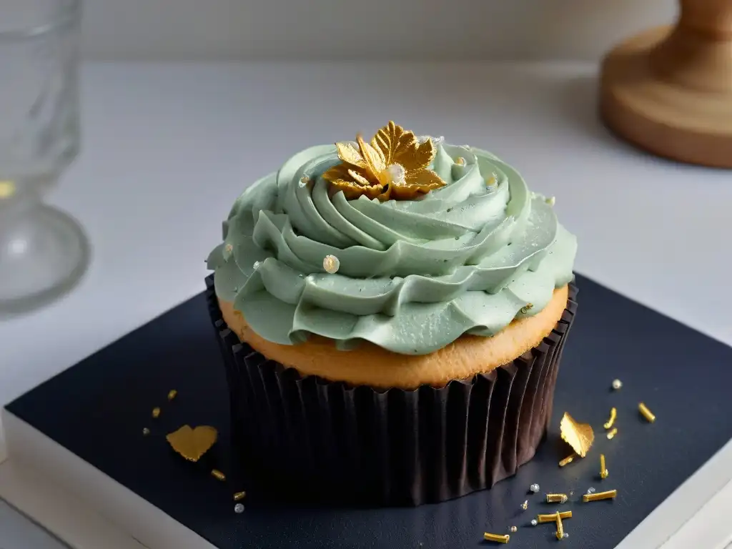 Exquisito cupcake con detalles en oro comestible sobre fondo negro mate