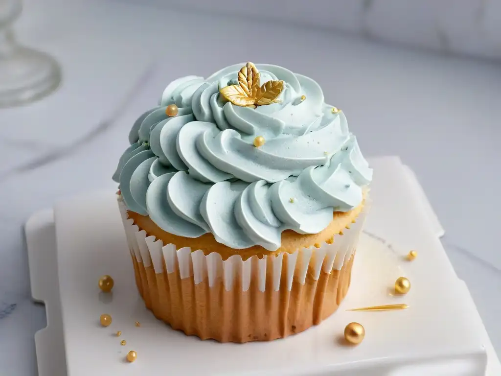 Un exquisito cupcake con detalles en tonos pastel y brillos dorados, listo para donar excedentes de repostería alimentos