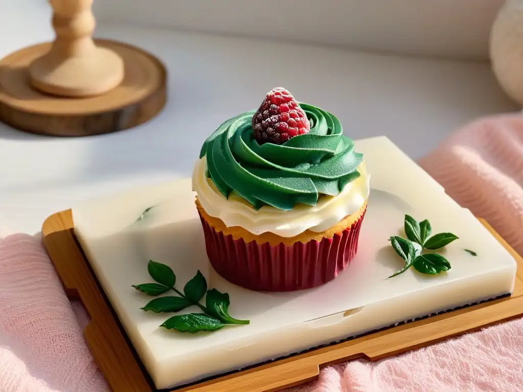 Un exquisito cupcake eco-friendly con frosting y frambuesa