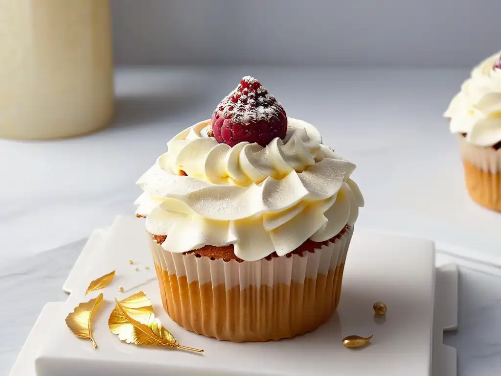 Un exquisito cupcake empoderador con hojuelas de oro y frambuesa fresca sobre mármol blanco