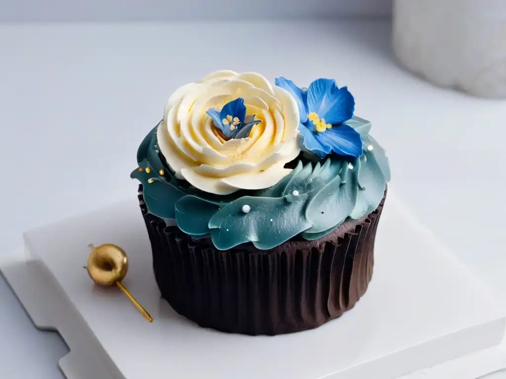 Exquisito cupcake con flores comestibles y lámina de oro sobre fondo negro