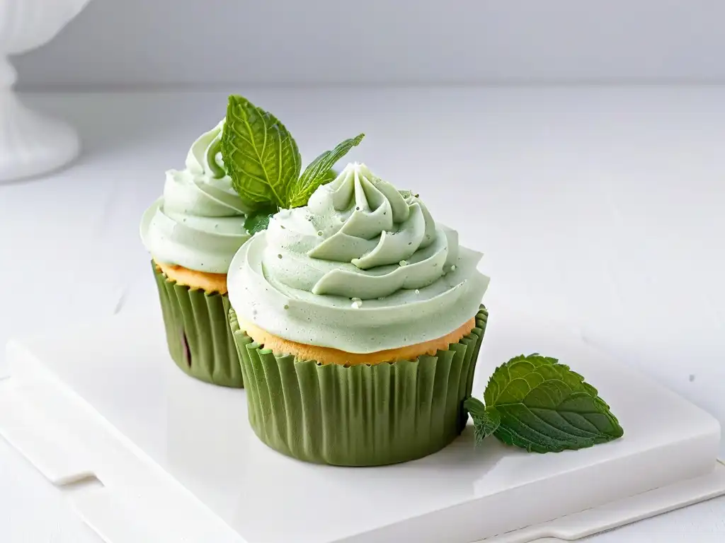 Exquisito cupcake con frambuesa y menta sobre plato blanco