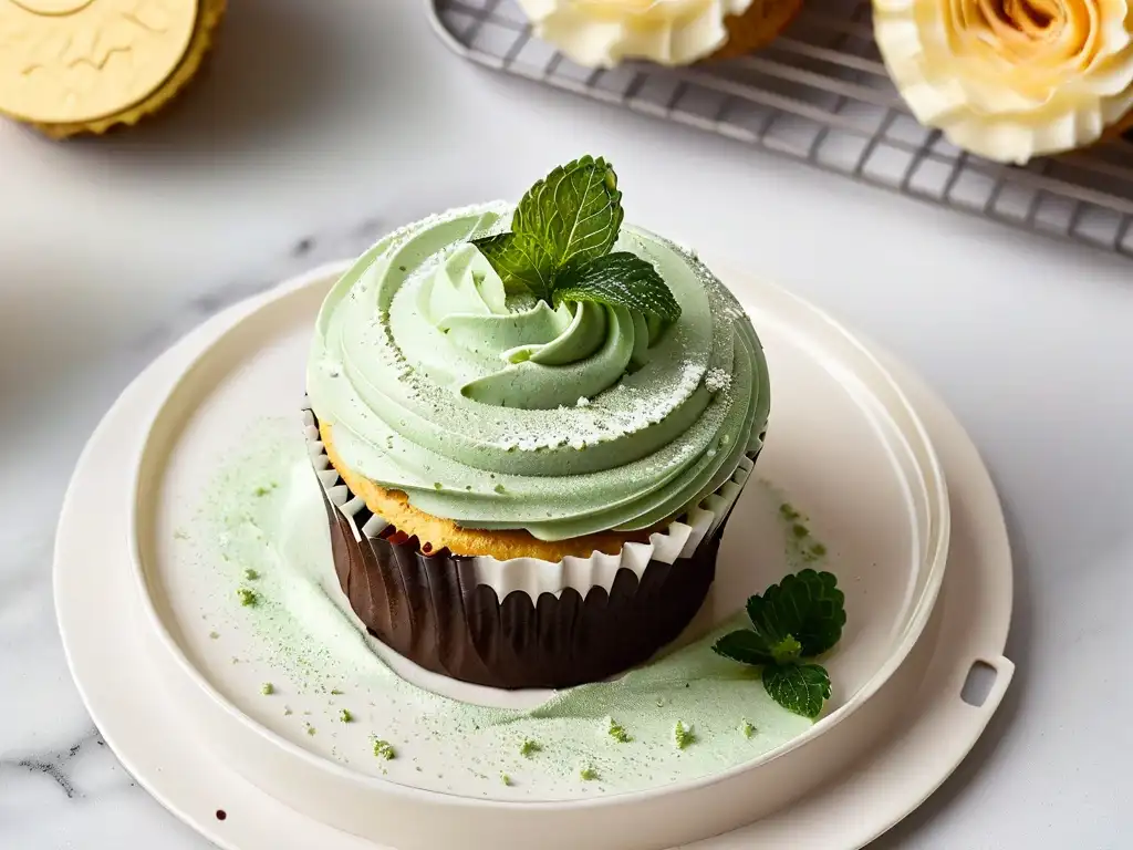 Un exquisito cupcake con frambuesa, oro comestible y hoja de menta en un plato blanco