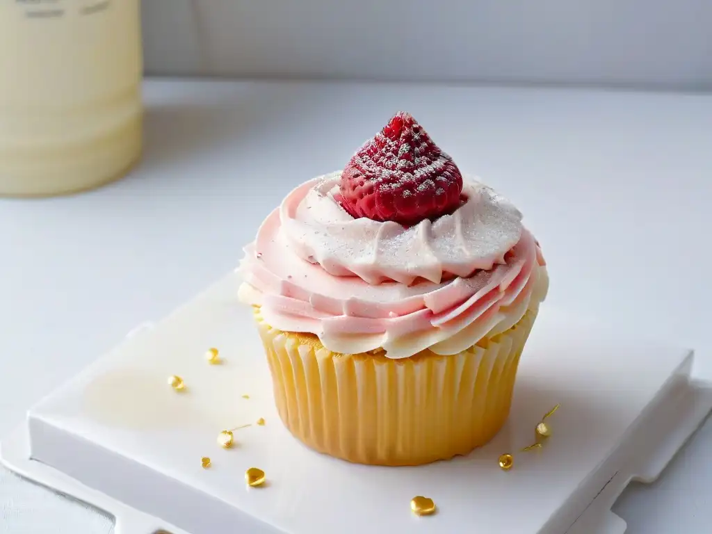 Exquisito cupcake con frosting pastel y frambuesa brillante en plato blanco