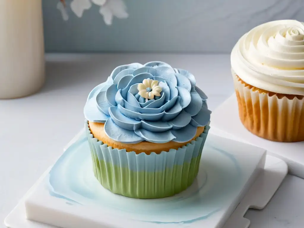 Un exquisito cupcake glaseado con detalle y una flor de azúcar brilla sobre mármol blanco