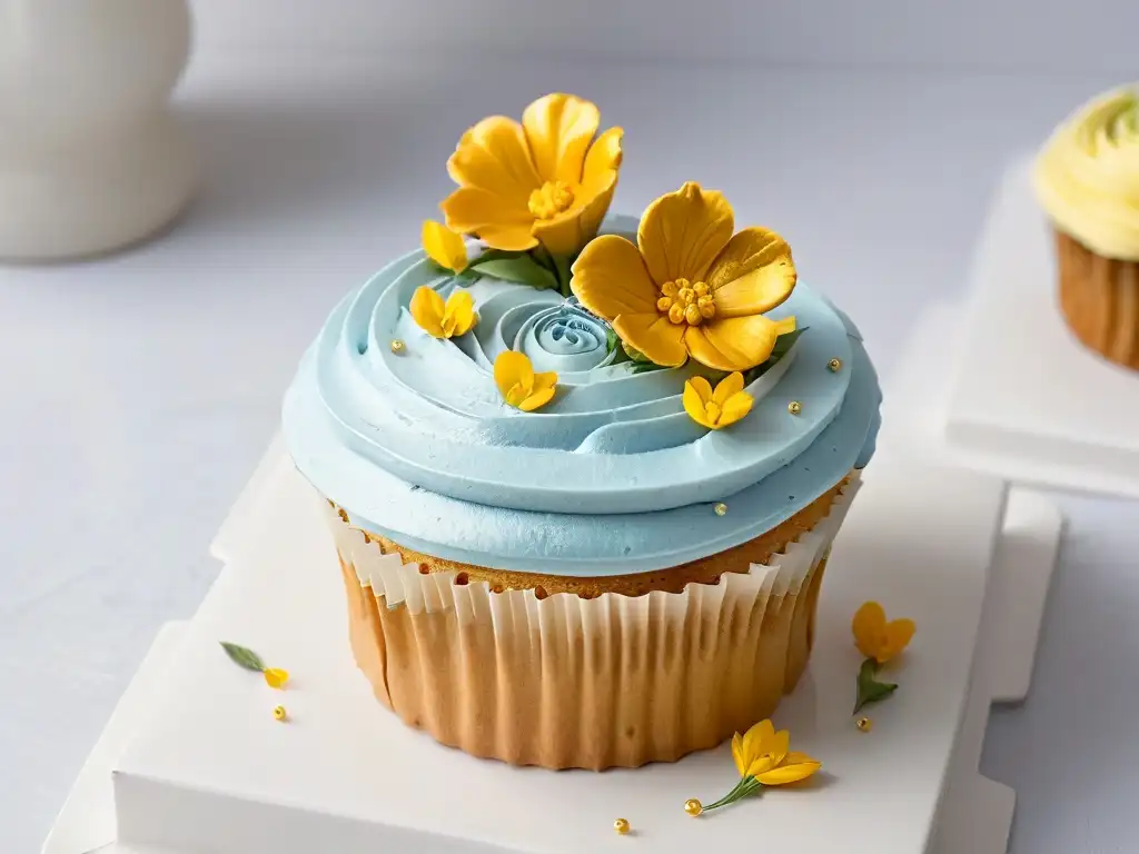 Un exquisito cupcake sin gluten decorado con flores comestibles y detalles en oro