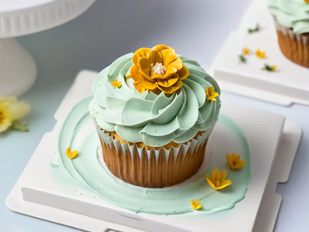 Un exquisito cupcake sin gluten en plato blanco, decorado con frosting y flores comestibles