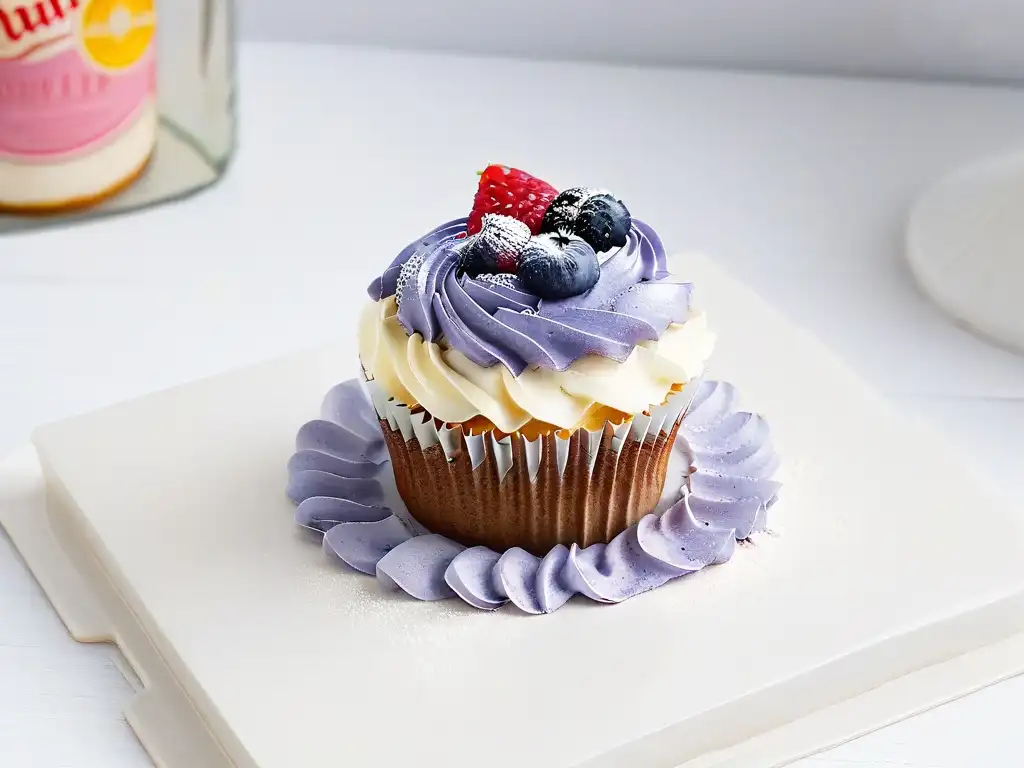 Un exquisito cupcake gourmet saludable decorado con frutos rojos y flores comestibles en un elegante plato moderno blanco