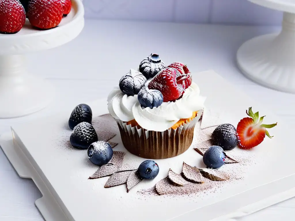 Exquisito cupcake gourmet saludable con frutas y flores comestibles en plato blanco moderno