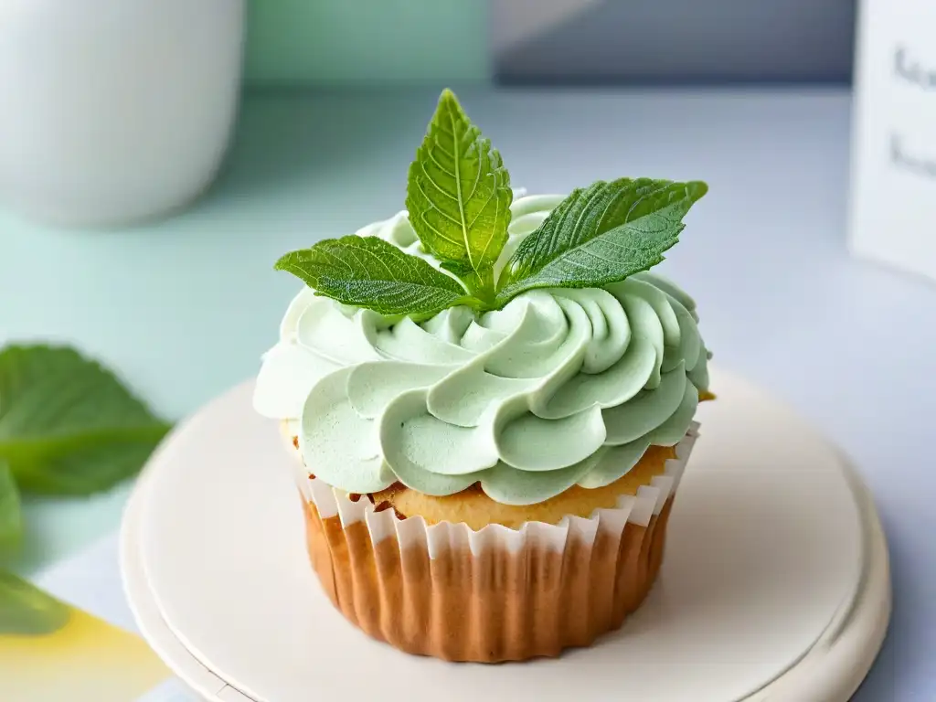 Un exquisito cupcake con hoja de stevia, perfectamente decorado