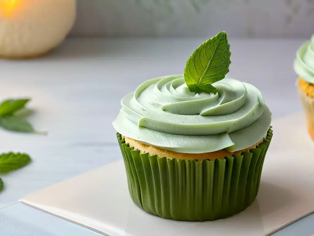 Un exquisito cupcake con hoja de stevia, detalle y belleza naturales